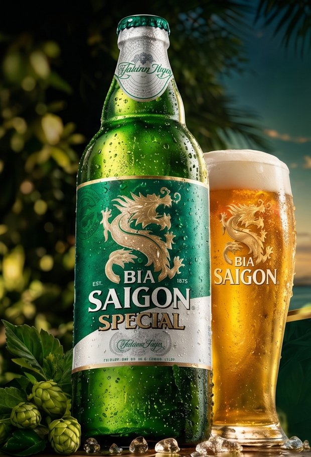 Bia Saigon Special bottle and a glass of Saigon lager